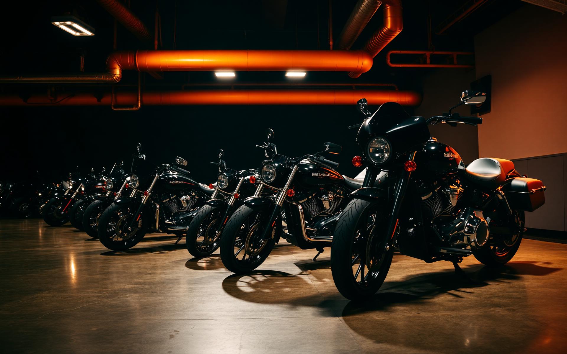 Motorcycle dealership showroom at night