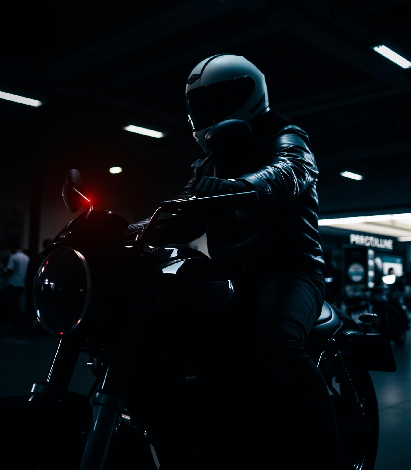 Rider in leather jacket mounting a motorcycle inside a dealership